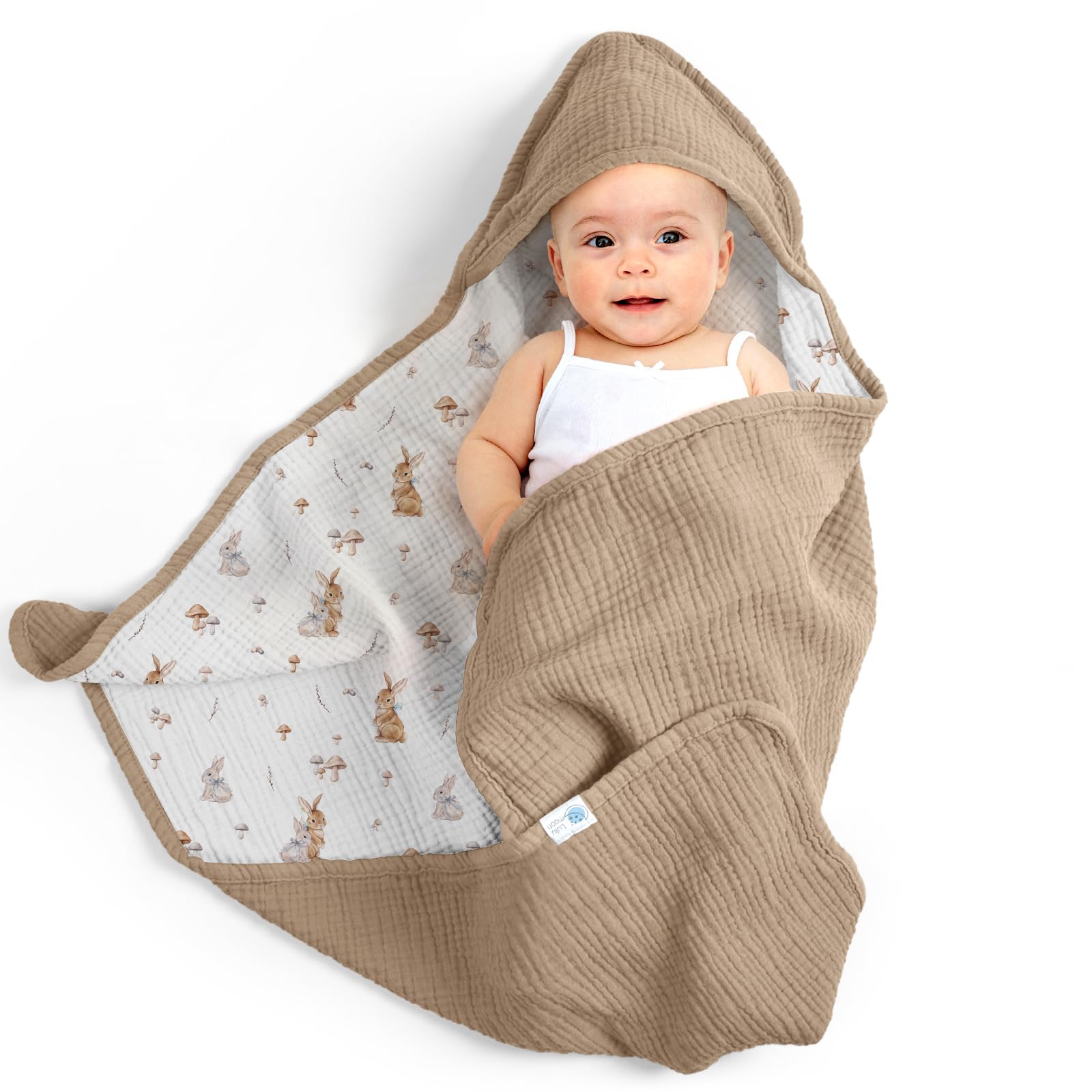 lulumoon Baby Handtuch Kapuze für Badezimmer: Kapuzenhandtuch aus Musselin Baumwolle 75x76cm - Oeko-Tex, extra weich saugfähig für Wärme nach Baden Eincremen - für Babys 0-18 Monate(Dunkles Khaki)