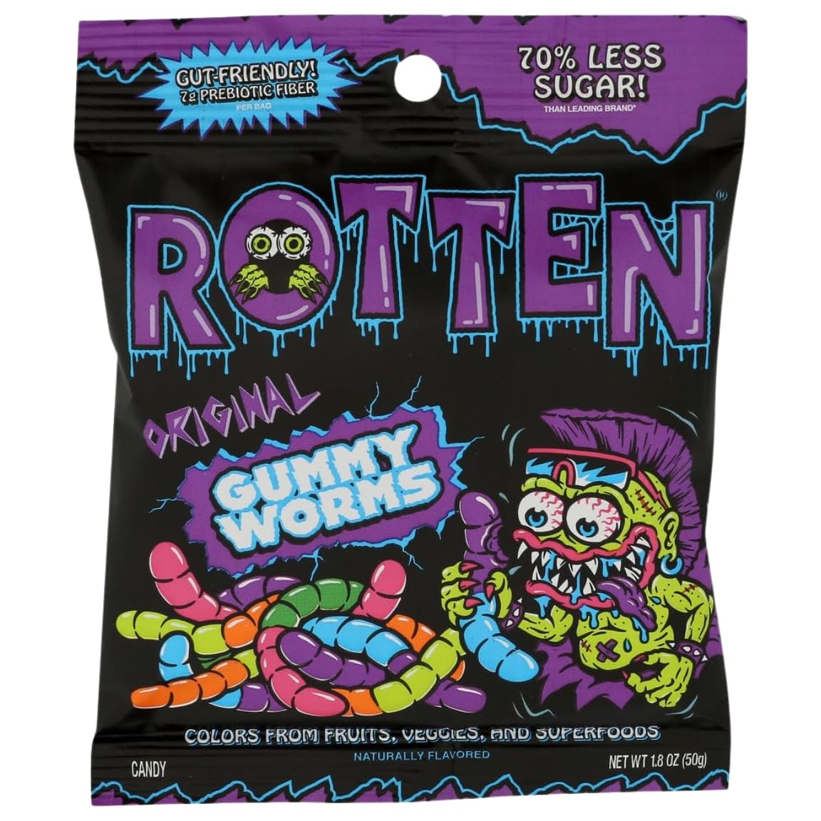Rotten Gummy Worms Original (1.8 oz) – Tough and Sour Gummies Bulk Style Flavor – Bulk Snack – Dye Gummy Worms