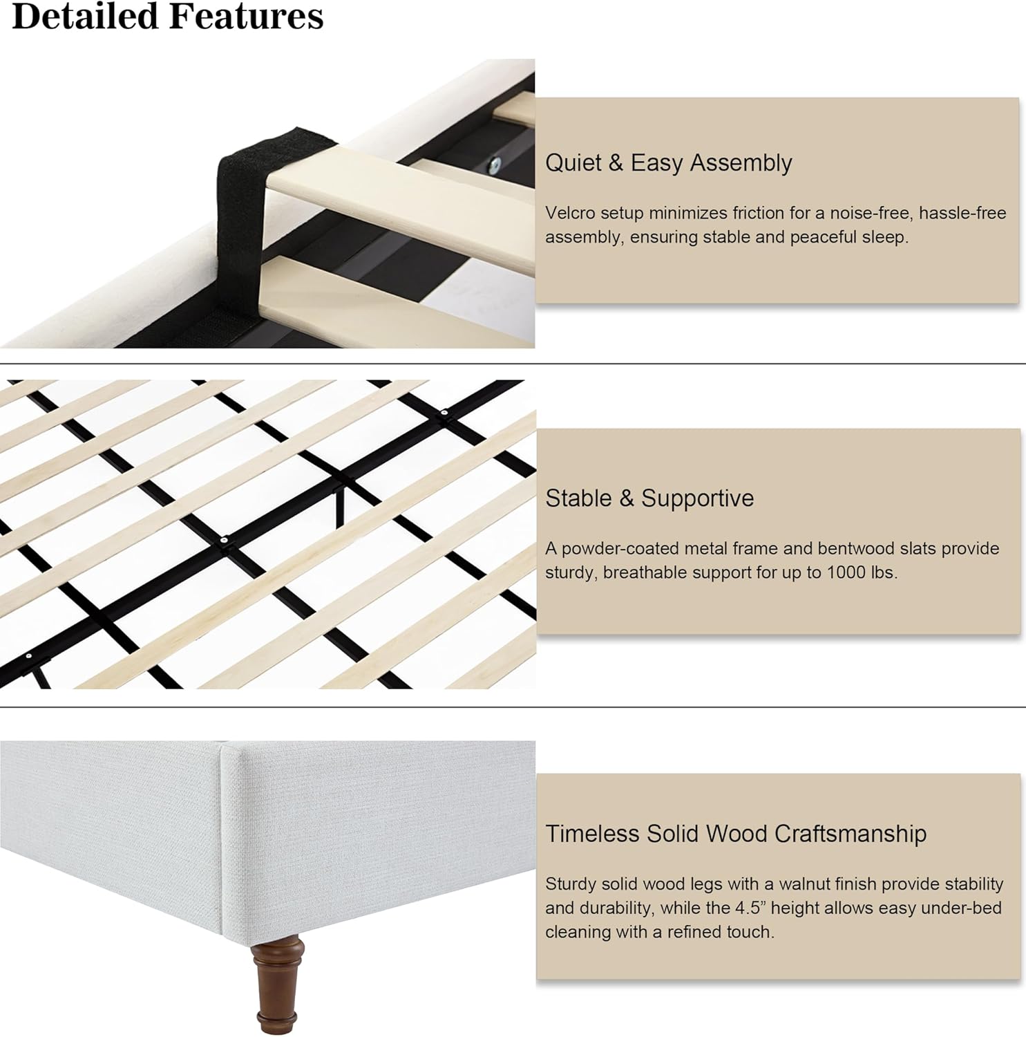 Upholstered Platform Wingback Bed Frame with 54" High Headboard, Solid Walnut Wood Feet, Sturdy Metal & Wood Slats (Chenille, Ivory White-R7902, Queen (U.S. Standard))