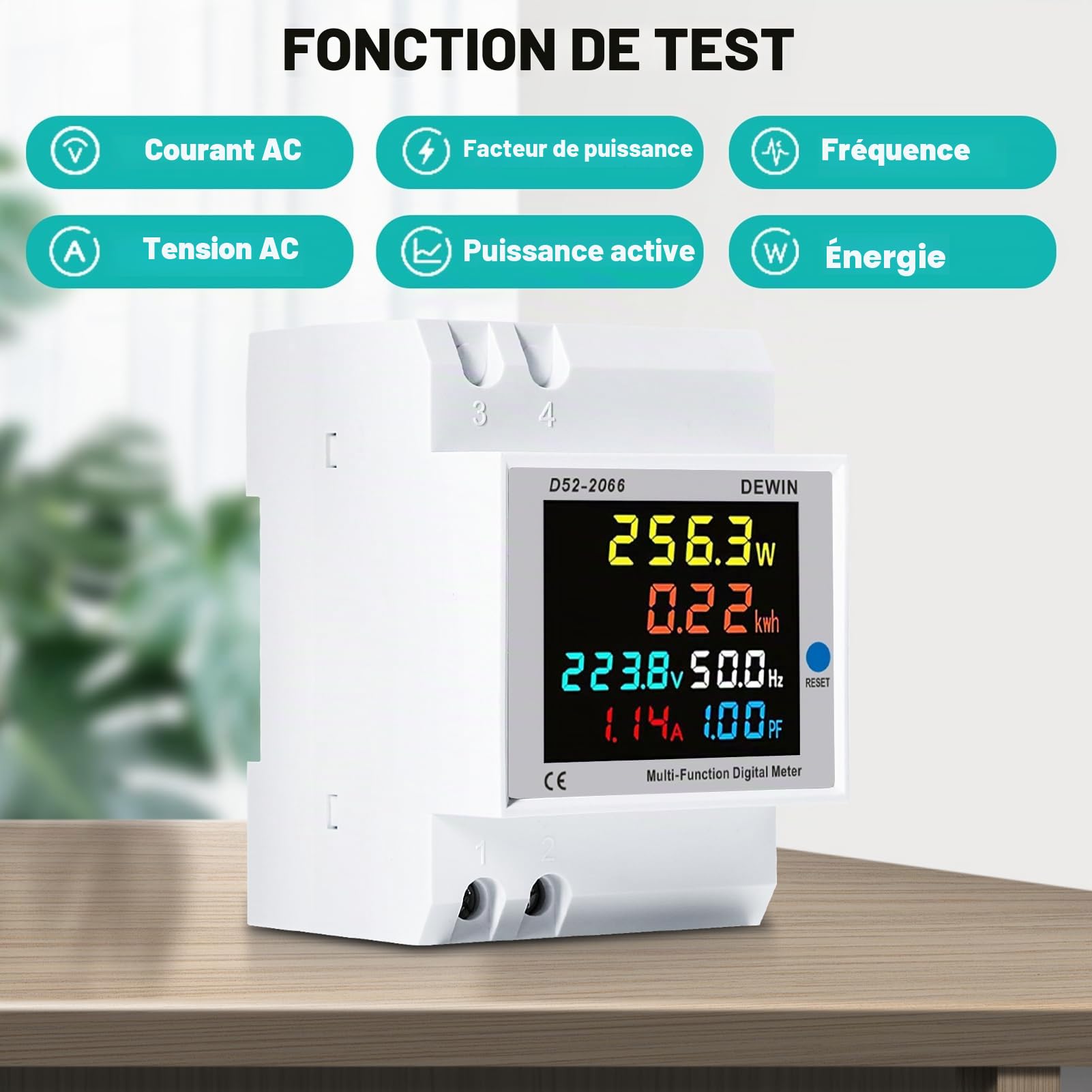 DeWin Compteur d'électricité Numérique, Compteur d'énergie Monophasé Courant Tension Puissance KWH Compteur 6 en 1 Compteur d'énergie avec écran LCD AC 40-300V 0-100A