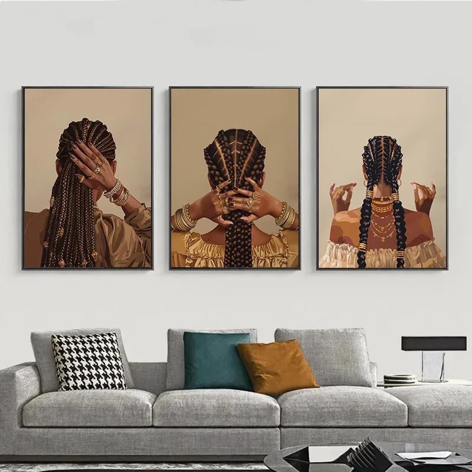 ZHAOLIN Póster de trenzas de mujer afroamericana con peinado de chica moderna y joyas doradas, lienzo para decoración del hogar, 60 x 90 cm x 3 cm, marco interior.