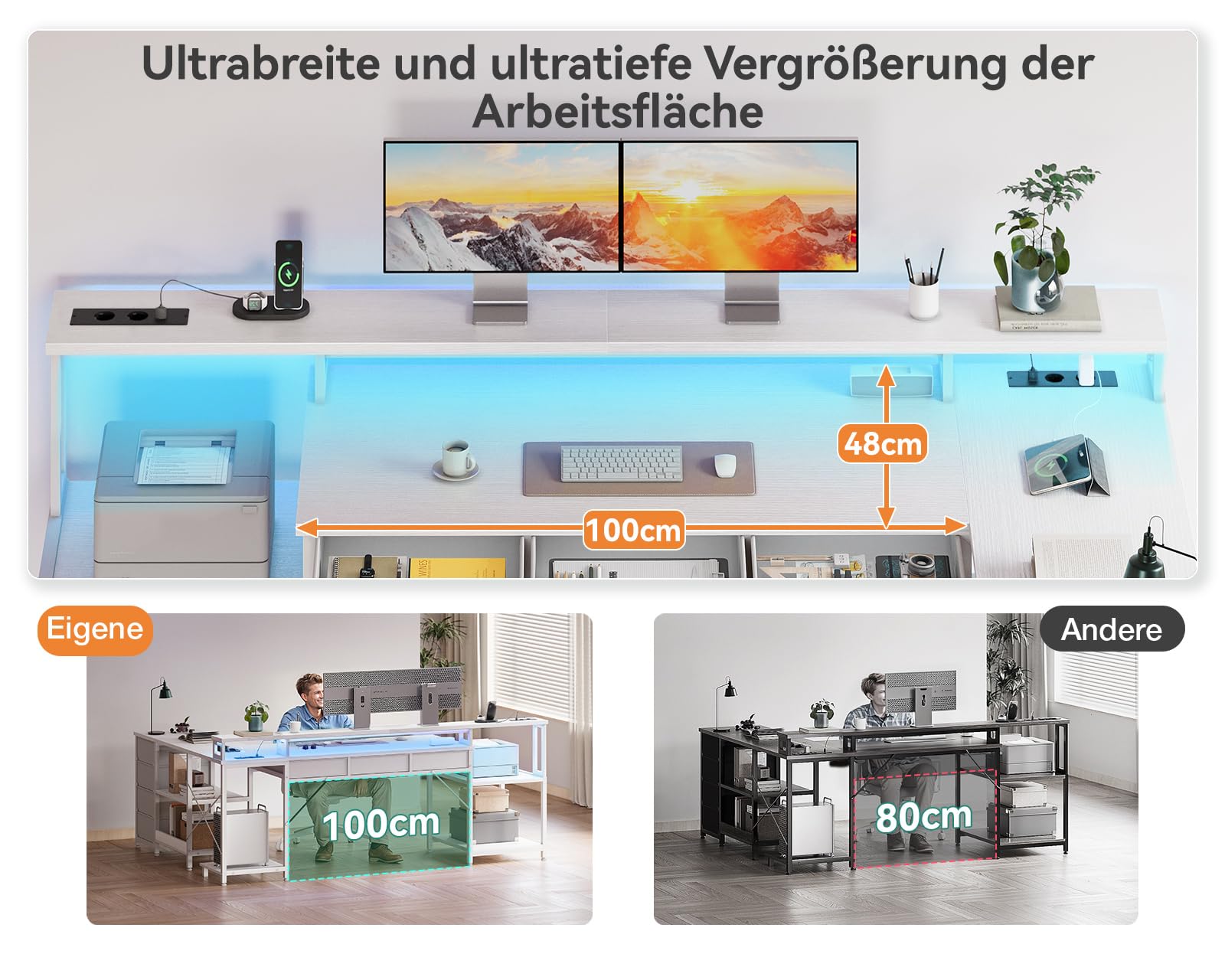 Coleshome Gaming Tisch mit 7 Schubladen & Großzügigem Stauraum, 179.5×135.5cm Eckschreibtisch mit RGB LED, Reversibler Schreibtisch L Form mit 2 Steckdosen, Ideal für Büro & Gaming, Weiß