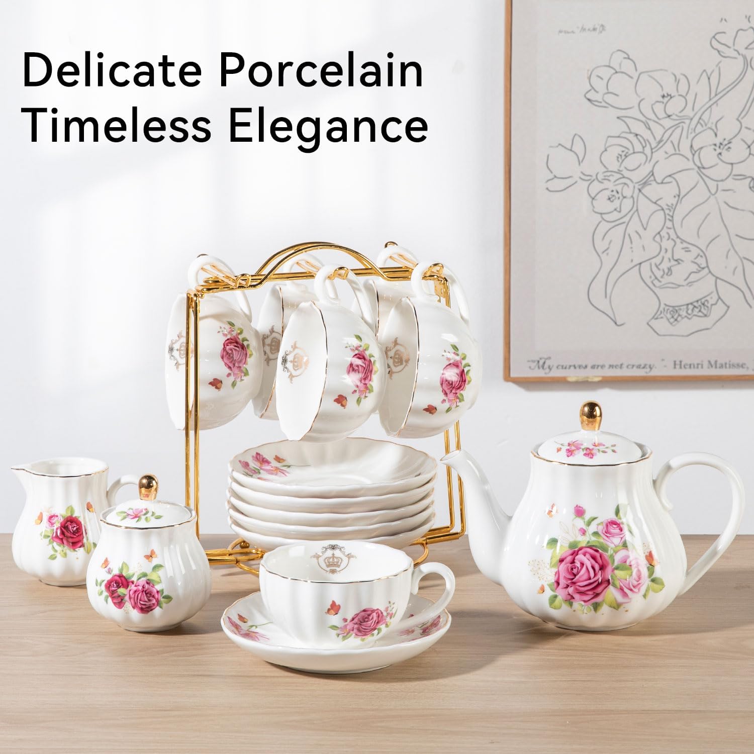 Porcelain Tea Sets British Royal Series, 8 OZ Cups & Saucer Service for 6, with Teapot Sugar Bowl Cream Pitcher Teaspoons and Tea Strainer, Suitable for High Tea, Wedding, Party (Midsummer Rose) - Image 3