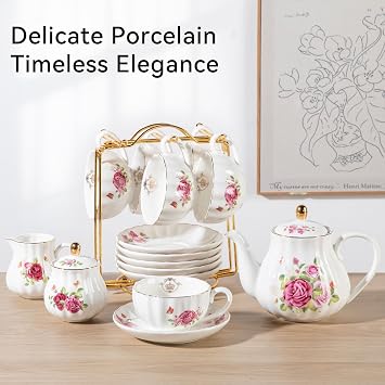 Porcelain Tea Sets British Royal Series, 8 OZ Cups& Saucer Service for 6, with Teapot Sugar Bowl Cream Pitcher Teaspoons and tea strainer for Tea/Coffee with 3 Tier Ceramic Cake Stand(Red Flower)
