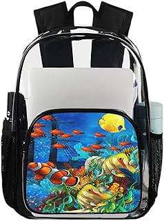 Mochila Underwater World Fish Clear Mochilas para serviço pesado, Mochila transparente impermeável de peixes coloridos Mochila transparente de PVC com alça de ombro reforçada para escola, trabalho, viagens, Multicor