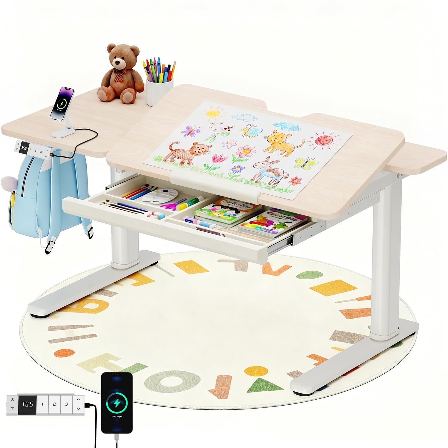 Devoko Kinderschreibtisch, Elektrisch Höhenverstellbarer Schreibtisch mit neigbarer Tischplatte mit Schubladen, Standing Desk mit 3 Speicherplätzen, Schreibtisch Kinder ab 6 Jahren