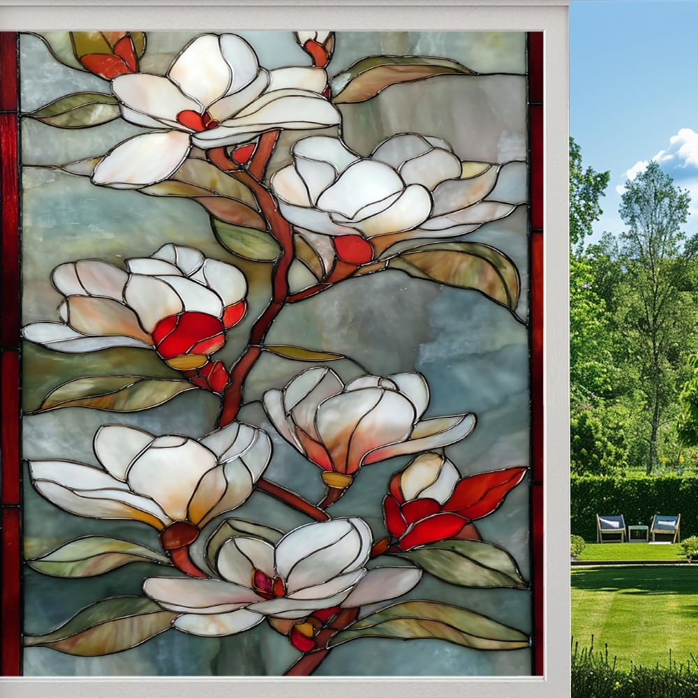 Pmlbaous Rural Magnolia Privacy Window Film, Abstract Plant Natural Flowers Frosted Self-Adhesive Vinyl Cling For Glass Doors Bathroom Windows Sun Blocking Heat Control, （55X100cm）