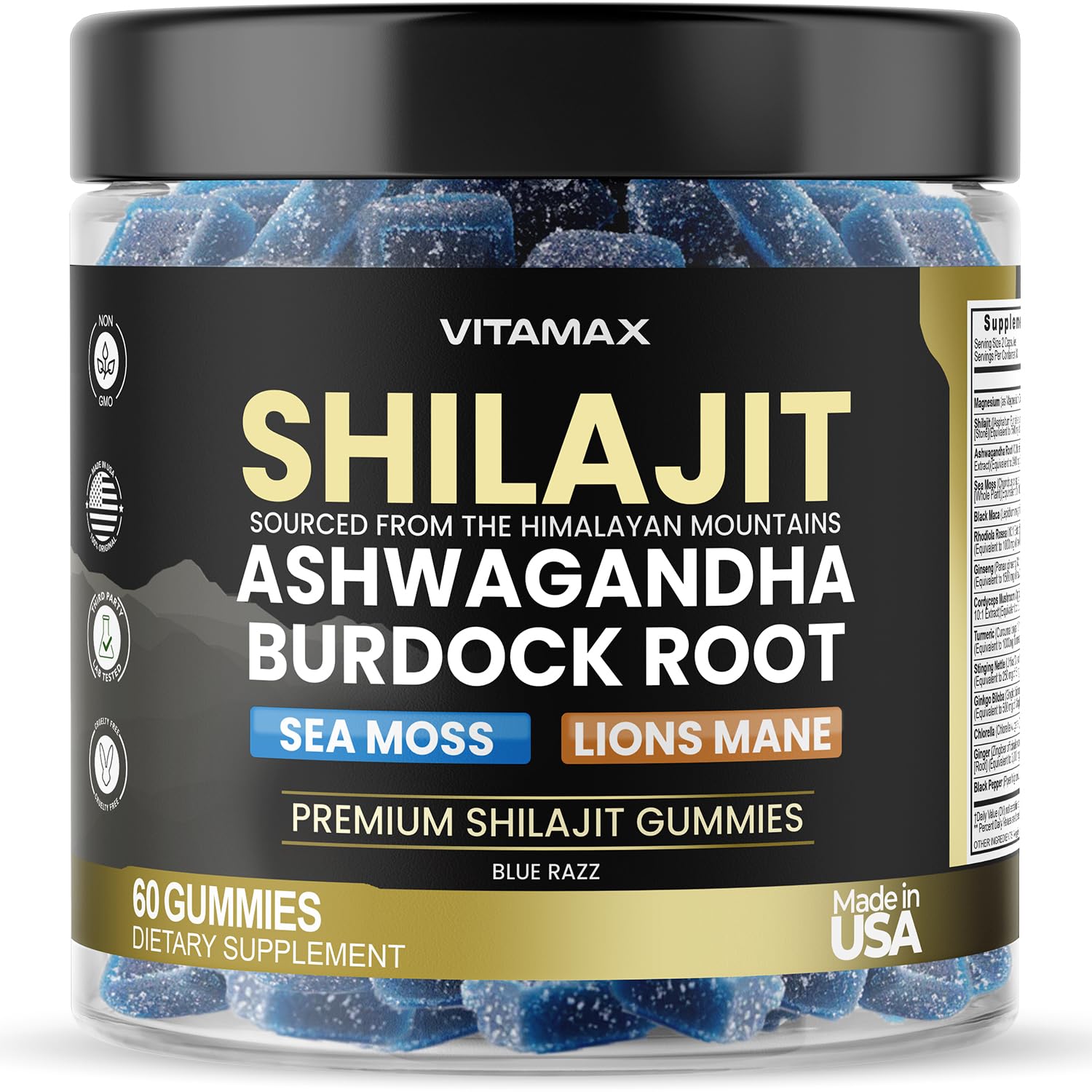 Organic Shilajit Gummies, Sea Moss, Ashwagandha, 105+ Trace Minerals – Organic Burdock Root & Lions Mane Mushroom - Blue Razz – Vegan & Non-GMO – Made in USA – 60ct