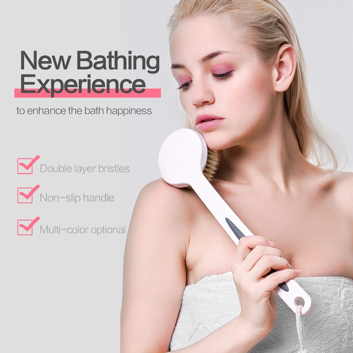 Back Scrubber for Shower, Multifunction Non-slip Back Brush with Long Handle - Improve Skin Health and Beauty Wet or Dry (soft bristles, 13.8 inch, Pink)
