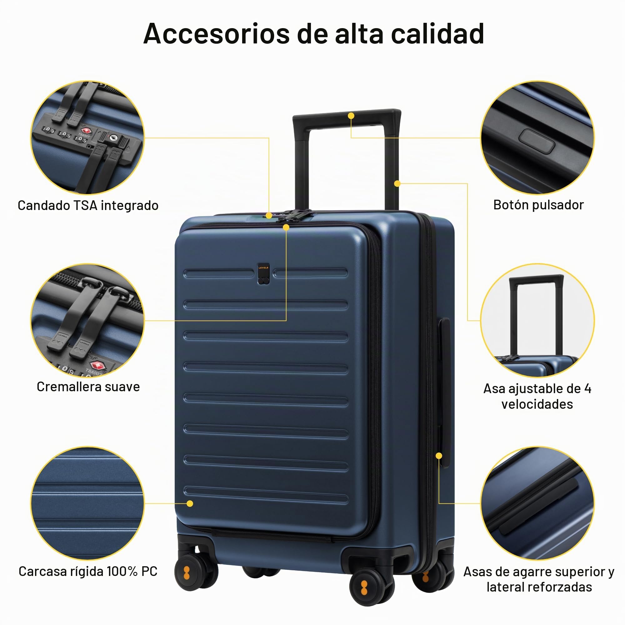 LEVEL8 Maleta Cabina Compartimento PC Rígido TSA 4ruedas 55cm, 38L,Azul | 4ruedas Silenciosa,Policarbonato