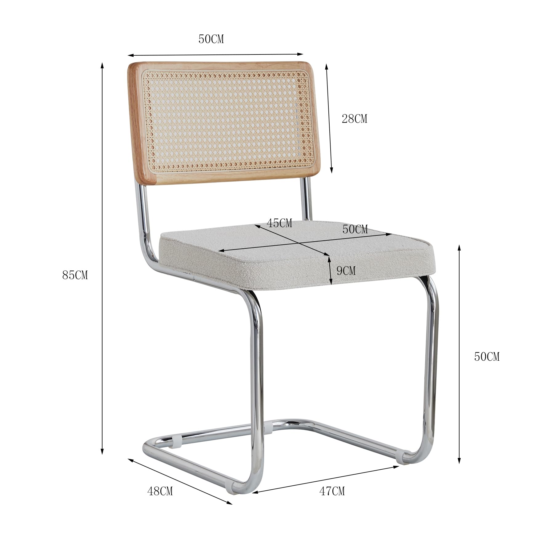 GrandCA HOME Set di 4 Sedie da Pranzo con Schienale in Canna Naturale e Base in Acciaio Cromato, Sedie da Cucina Imbottite in Rattan,Bianco