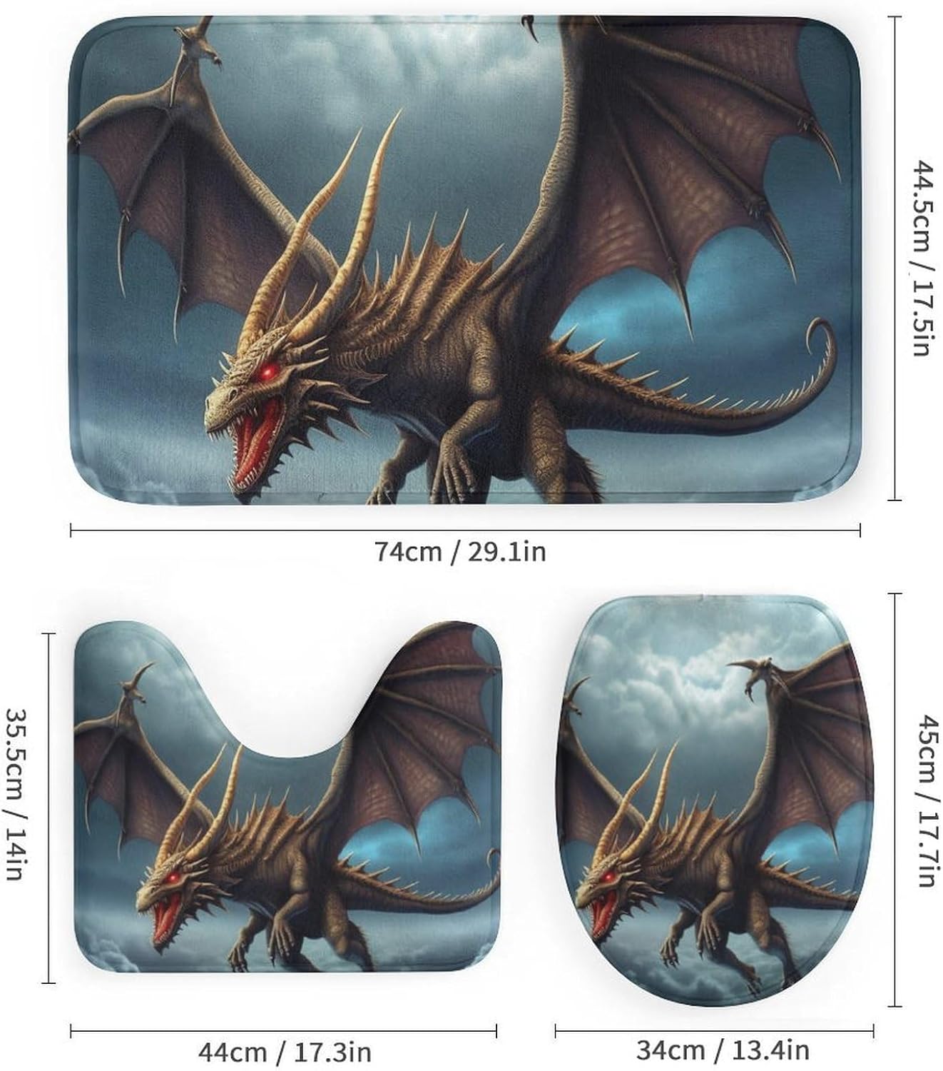 Flying Dragon Shower Curtain Set 4 Piece, Non-Slip Bath Mat with Toilet Lid Cover and Waterproof Shower Curtain with 12 Hooks, Complete Bathroom Set for Home Decor
