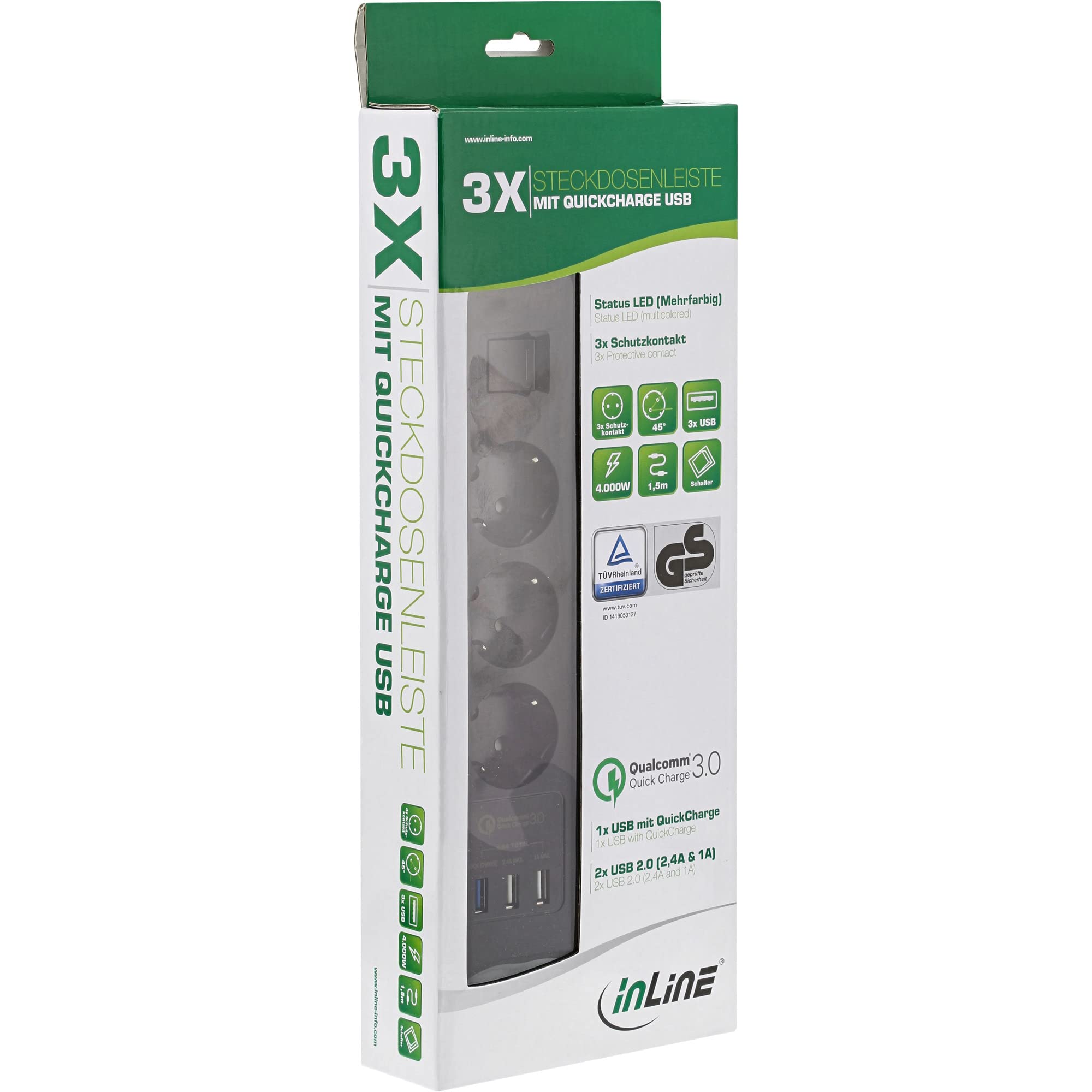 InLine 16491S Regleta de 3 enchufes, protección contra sobretensiones y QuickCharge USB, con Interruptor, 1,5 m, Color Negro