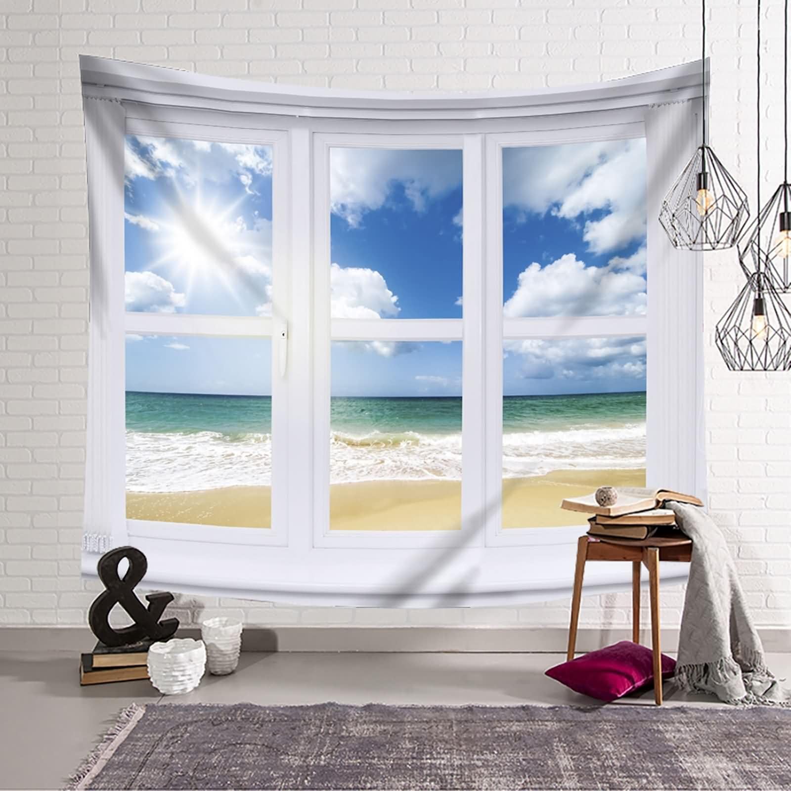 Homxi Wandteppich Klein 260 x 240 CM,Fenster Küstenlandschaft Tapestry Wanddeko Schlafzimmer Polyester Blau Weiß