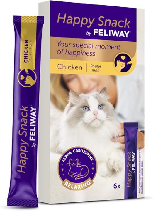 Happy Snack by FELIWAY - Friandises Délicieuses et Apaisantes pour Chats- Boite de 6 sticks Goût Poulet - Aide les Chats à se Sentir plus Calmes et Développe les Liens Affectifs