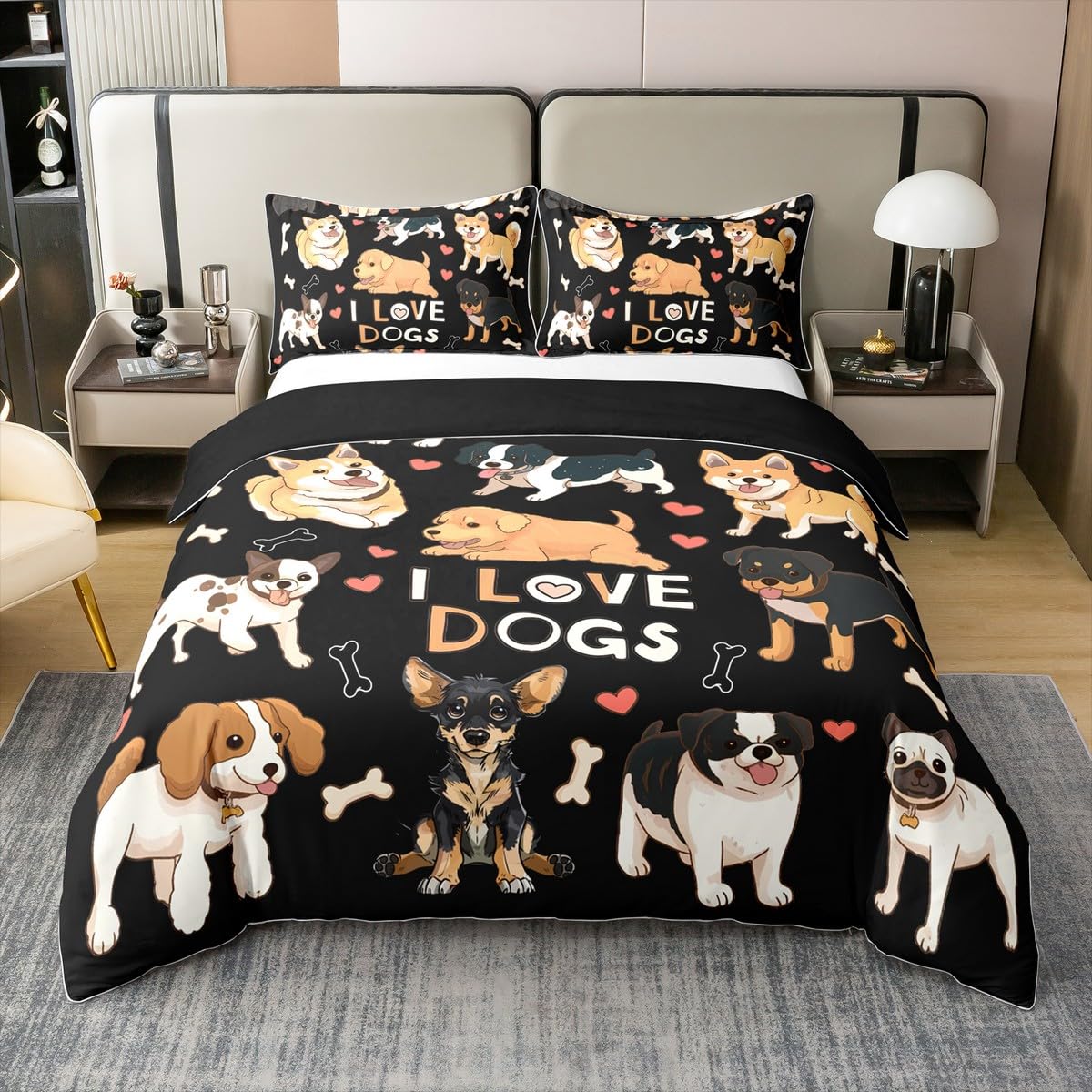 Homemissing Cute Dog Duvet Cover 100% Cotton Sausage Dog Bedding Set for Kids Boys Girls Room Decor Puppy Dog Comforter Cover Set Kawaii Animals Bedspread Cover 3Pcs Black King