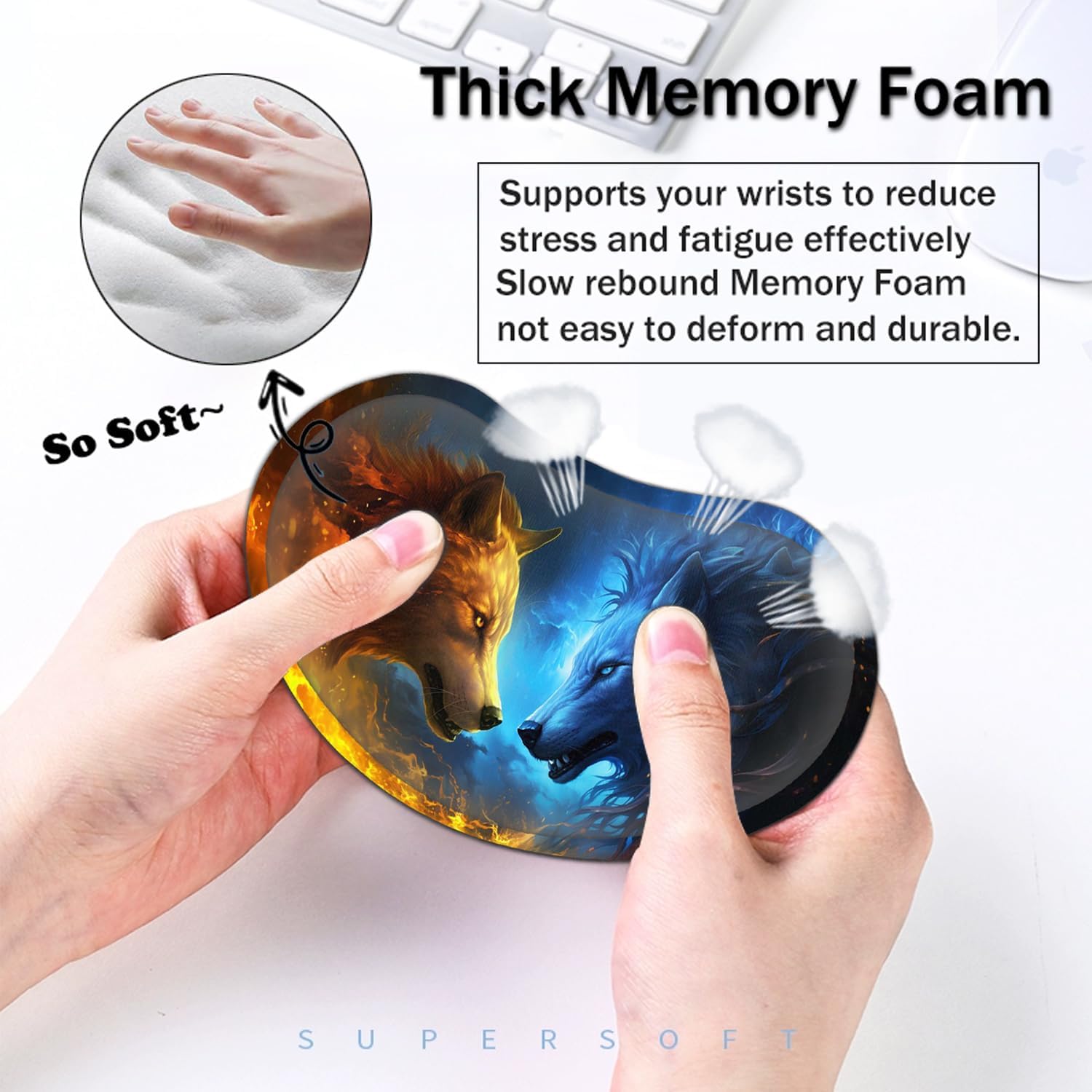 Large Mouse Pad with Mouse Wrist Rest, 31.5x11.8 in Extended Mouse Mat with Non-Slip PU Base, Ergonomic Memory Foam Wrist Rest, for Work & Gaming Writing Pad, Fire and Ice Wolf Office Desk Pad