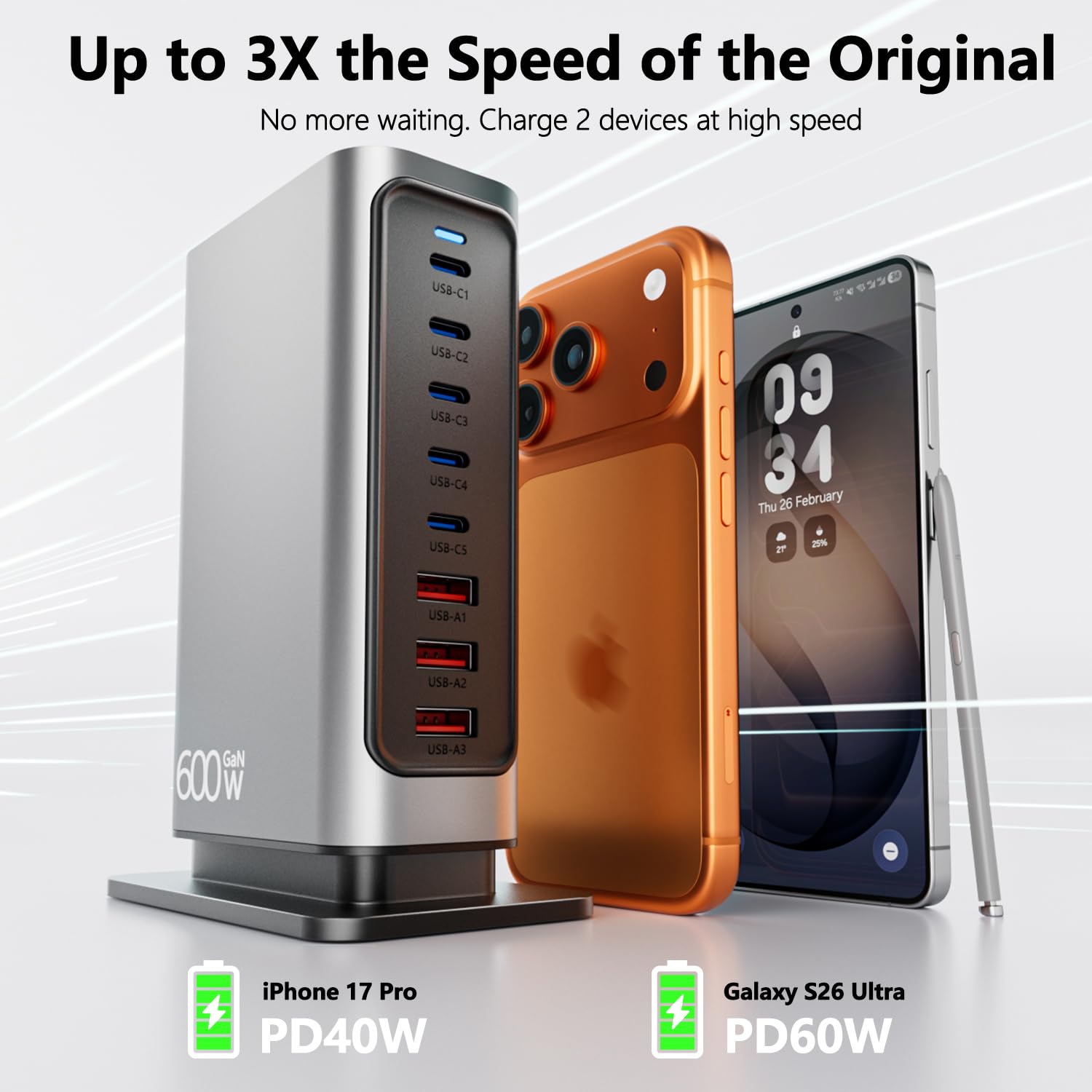 Carregador USB C Múltiplo 600W, Estação de Carregamento GAN de 8 Portas com Saída Máxima de 140W, Fonte de Alimentação PD PPS QC Compatível com MacBook, Laptop, iPhone, Samsung e etc