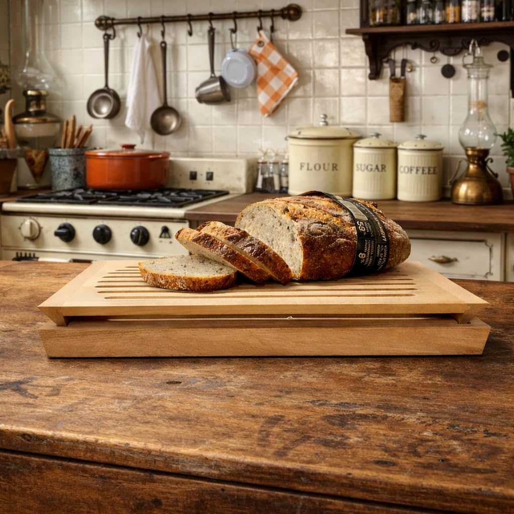 Brotschneidebrett mit Krümelrost - 2-teiliges Praktisches Krümelfach Brotbretter Holz Schneidebrett mit Auffangschale
