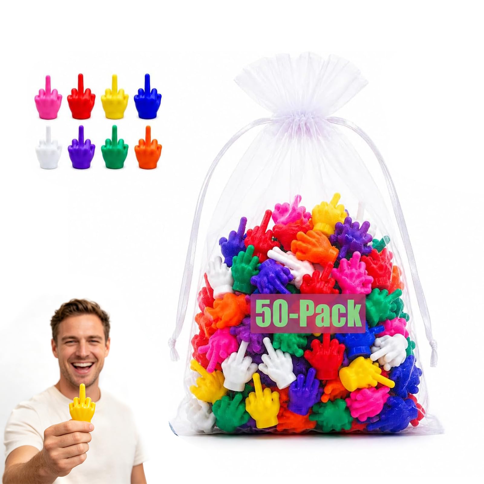 Mini Middle Finger Tiny Hands, Colorful Flip The Bird Finger Puppets, 50/100 Pack Adult Gag Gift, White Elephant Stocking Stuffer, Office Prank Desk Decor, Party Favors