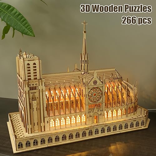 Miniatura 5 de Rompecabezas de madera 3D para adultos, kit de modelo de iglesia de Notre Dame de París para adultos para construir, juegos de bricolaje con luz