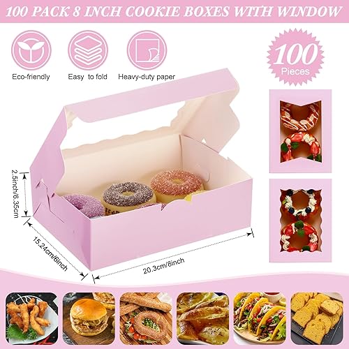 Miniatura 2 de TaoBary 100 unidades de cajas de panadería de 8 pulgadas 8 x 6 x 2.5 pulgadas, cajas de galletas y pasteles con 2 estilos de ventana para galletas,