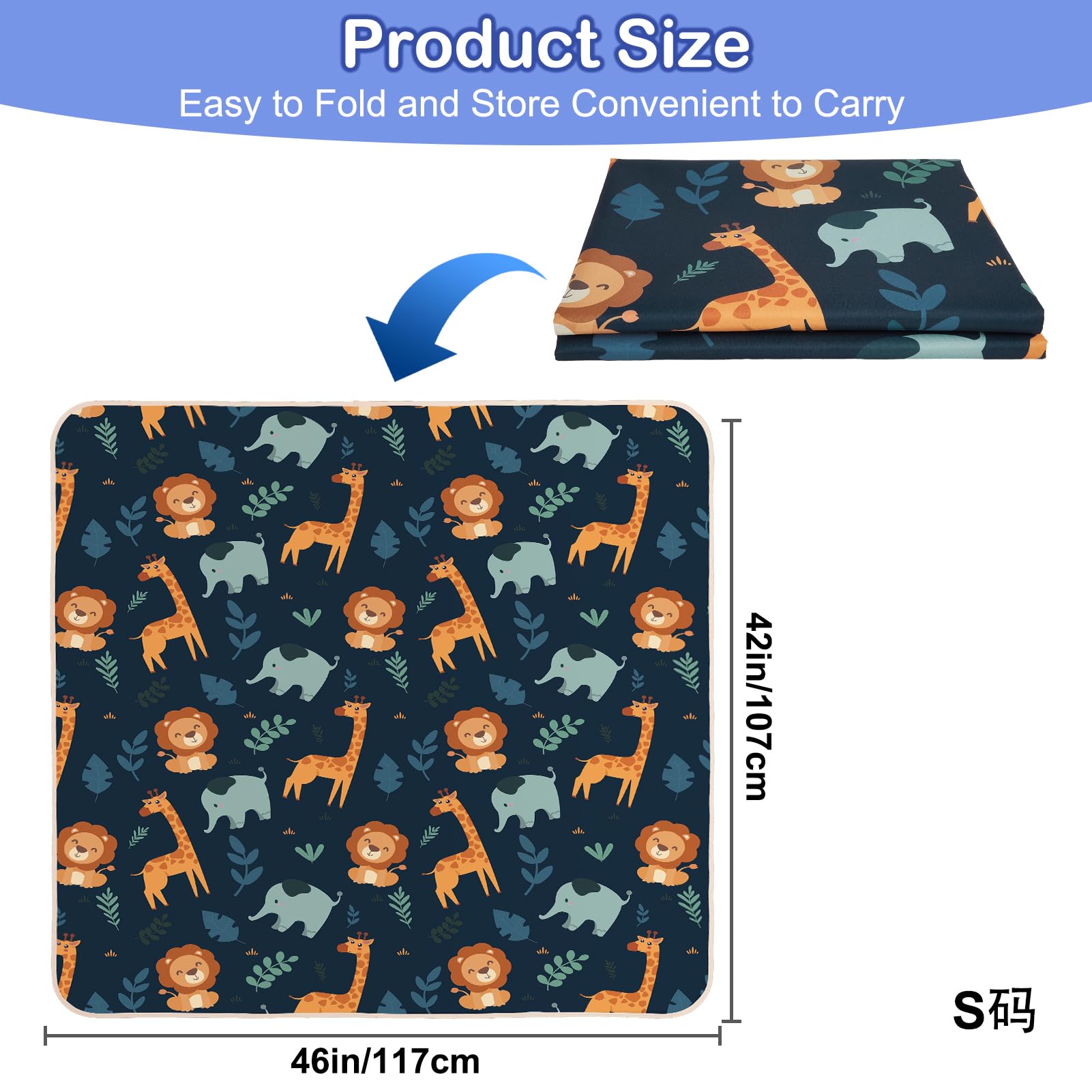 Tappetino Seggiolone Bambini 107x117cm, Unicorn Castle Tappeto Impermeabile Lavabile Antiscivolo, Splash Mat Pieghevole Portatile per Svezzamento e Protezione del Pavimento,Dark Blue Giraffe - 3