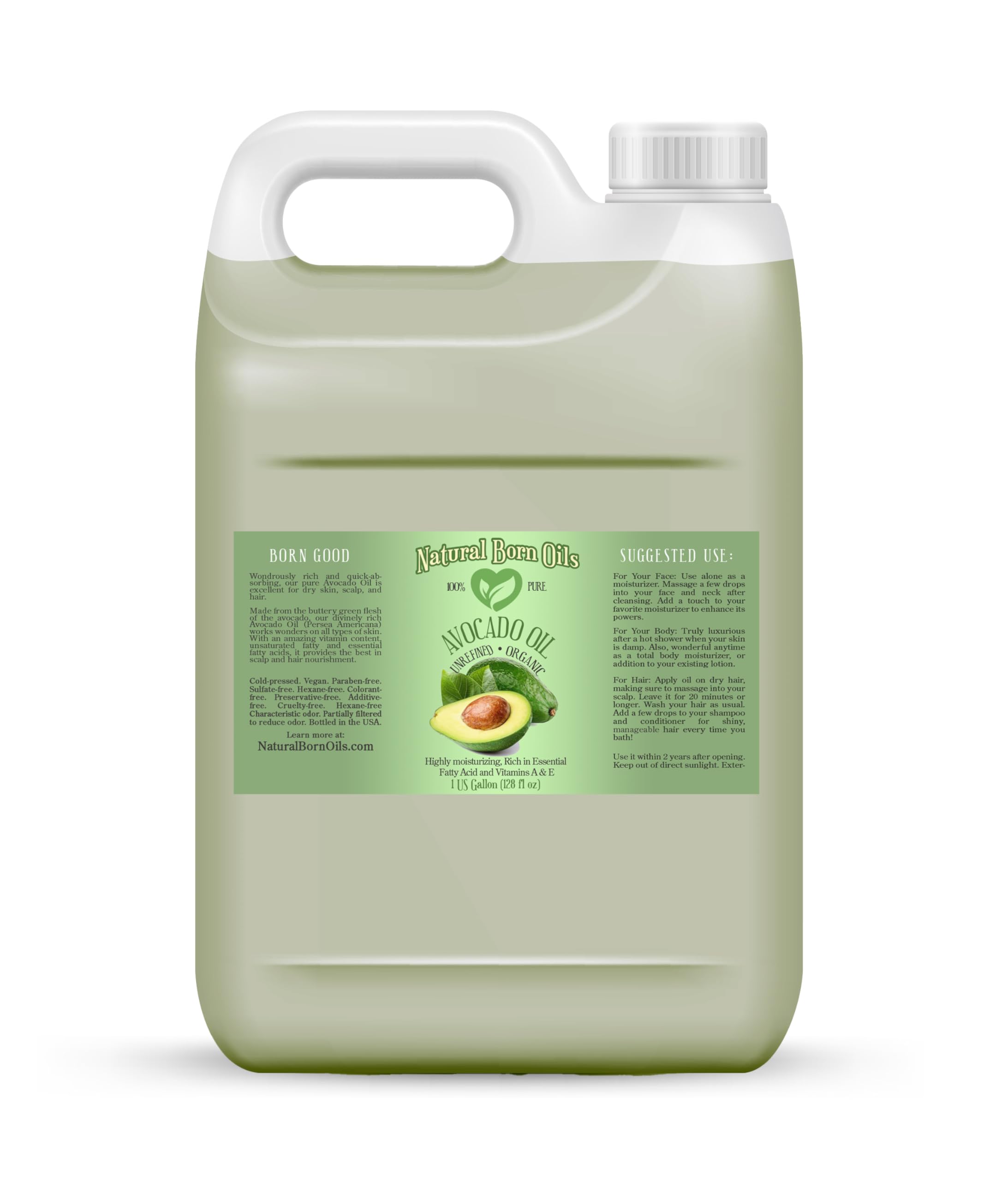 Natural Born Oils Avocado Oil, 1 Gallon, Organic, Cold-Pressed, Vitamins & Minerals, Deep Skin Conditioning, Hair Revitalization