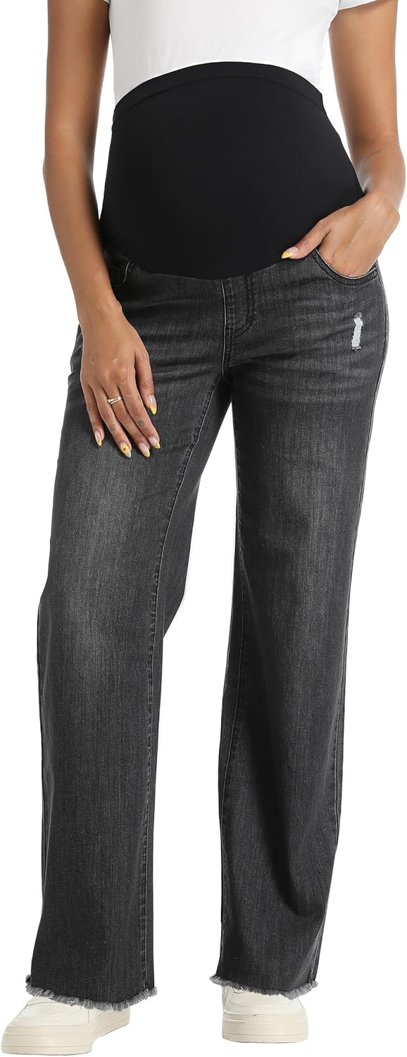 Foucome Women's Maternity Jeans Straight Leg Relaxed Fit Comfy Stretchy Trendy Pregnancy Denim Pants - Image 4