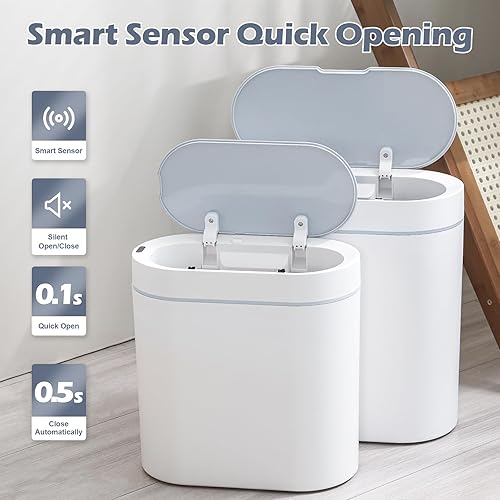 Miniatura 2 de ELPHECO Paquete de 2 cubos de basura con sensor de movimiento de baño de 2.5 galones + 2 galones de basura automático para decoración de baño, cubo