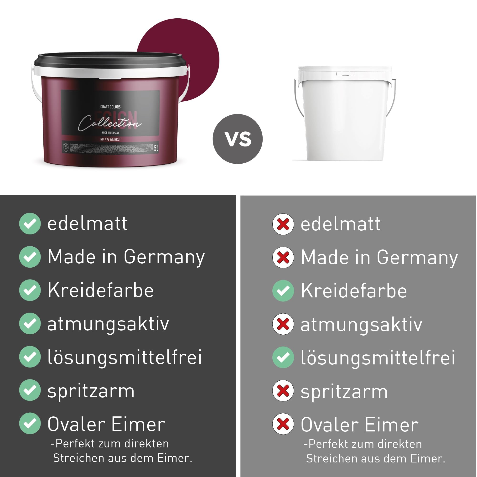 Craft Colors® 5L hochwertige Wandfarbe edelmatt, Kreidefarbe made in Germany, DESIGN Collection No. 492 Weinrot