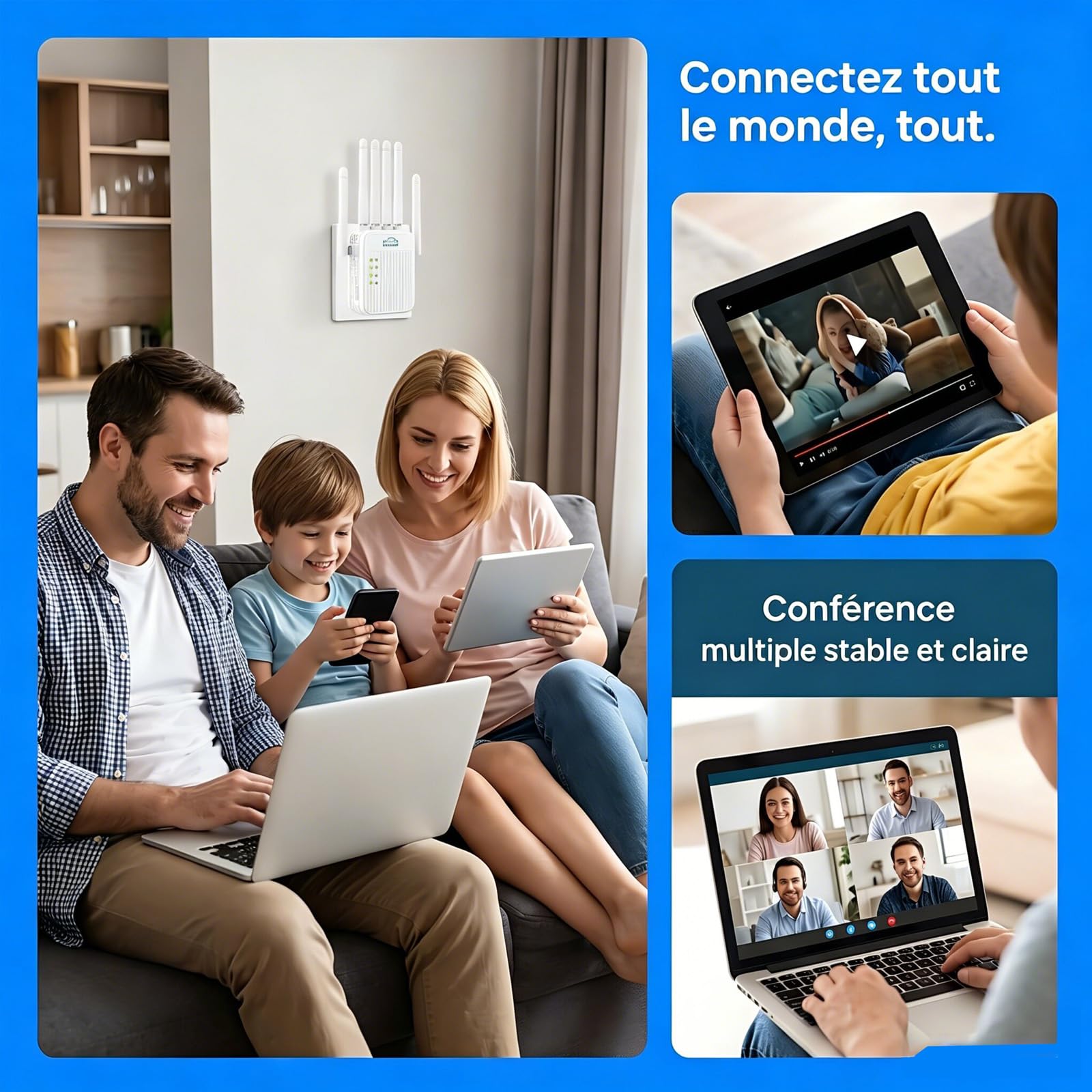 Repeteur WiFi Puissant sans Fil 5G /2.4G, Amplificateur de Signal WiFi Bi-Bande,2 Ports LAN,6 Antennes,Répéteur à Distance Puissant pour la Maison et Le Bureau Couverture jusqu'à 9800m³