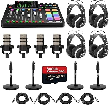 Rode RODECaster Pro II Integrated Audio Production Studio Console Bundle with 4x PodMic Microphone, TAPH500 Headphones, Mic Stand, M to F XLR Cable, 32GB microSD Card