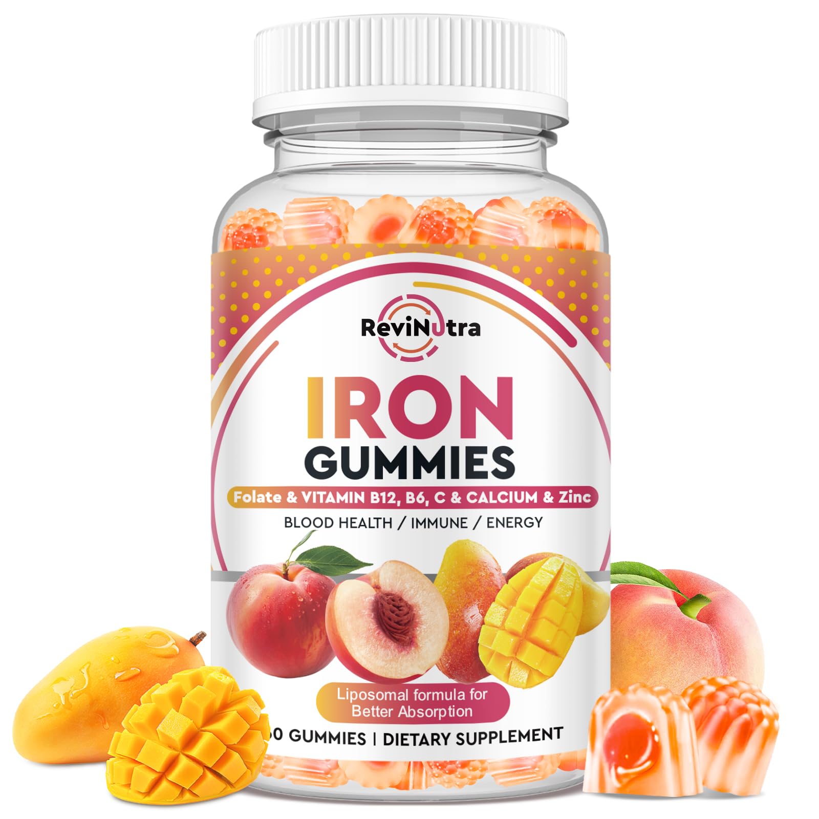 Iron Supplement Gummies for Adults & Kids - with Calcium, Zinc, Folate & Multivitamin - Blood Builder & Energy Support & Immune Health for Iron Deficiency, Anemia, Vegan -Peach & Mango Flavor 60 Count Peach & Mango 60 Count (Pack of 1)