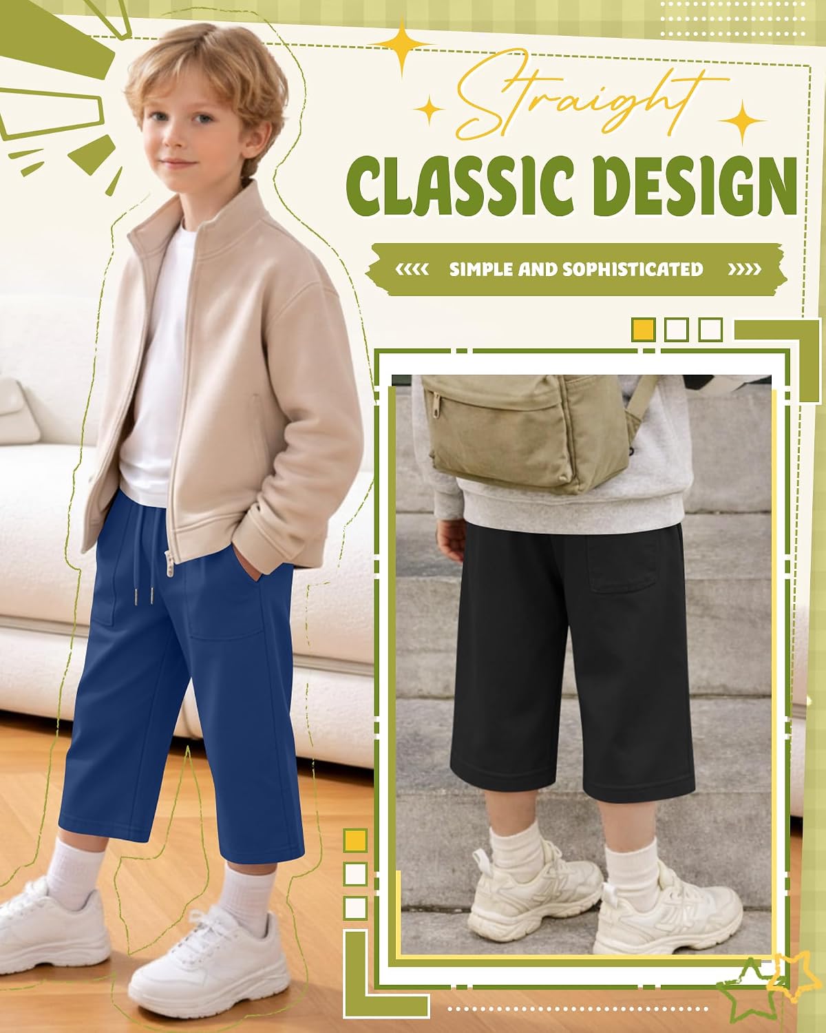Halfchet 5 Pack Boys' Capri Pants Straight Leg Below Knee Shorts Drawstring Elastic Waist Casual 3/4 Sweatpants with Pockets