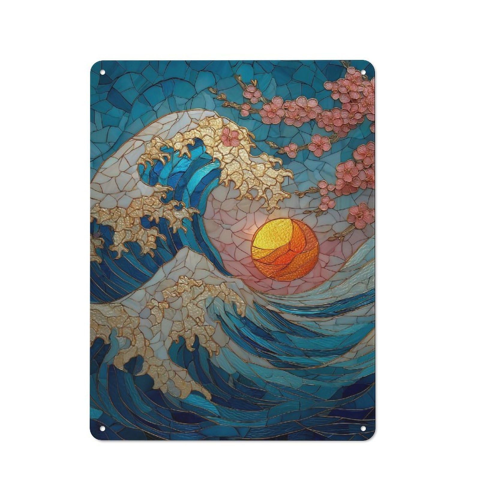 Industrial Metal Sign with Mosaic Wave with Cherry Blossoms Design 40x30cm, Modern Retro Loft Wall Plaque for Workspace, Cafe, Hallway Or Garage