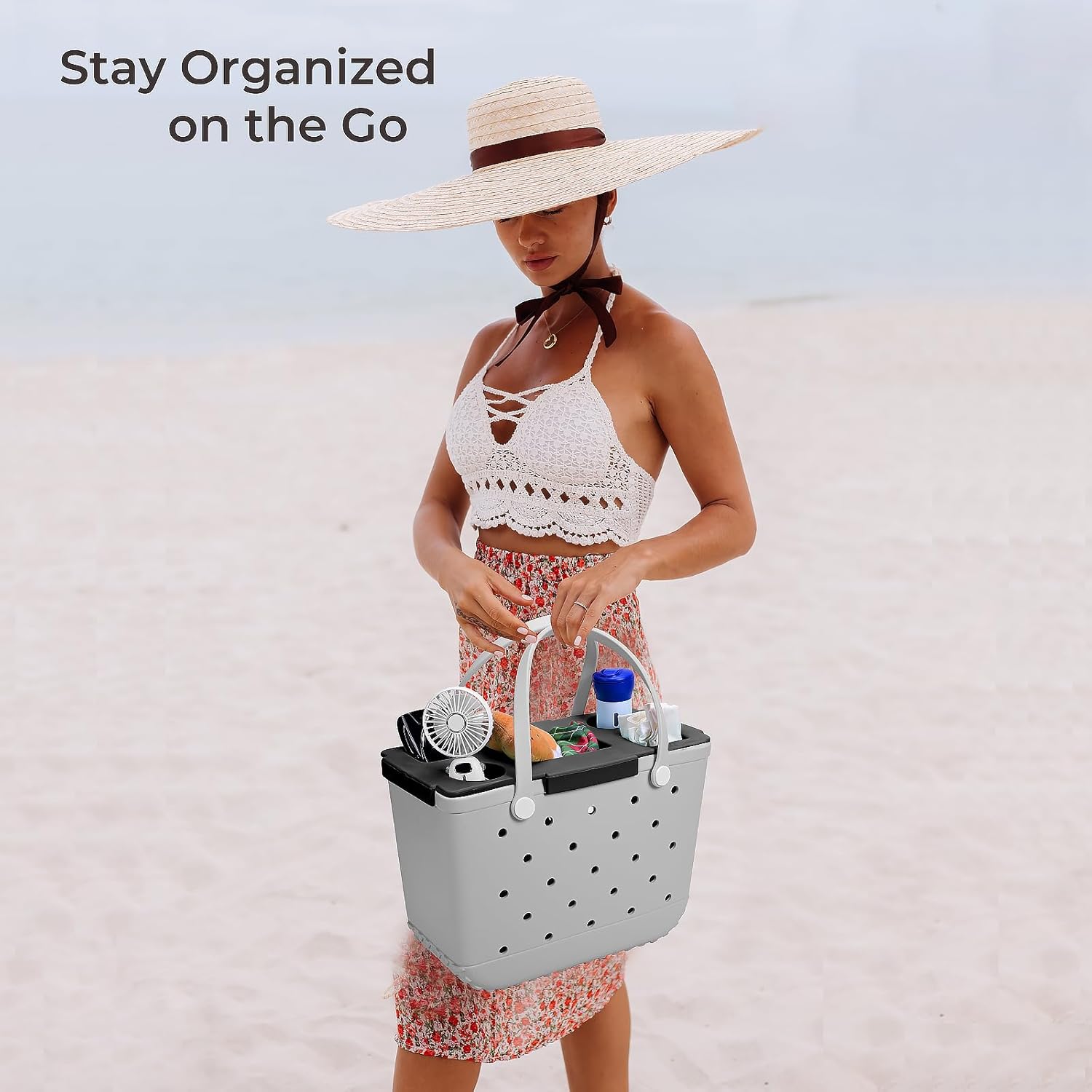 Tote Topper Tray Accessories for Bogg Bag Large - Waterproof EVA Table Top Organizer Lid with Cup Holder, Snack, Phone & Drink Holders for Beach, Pool, Picnic, Travel (Black)