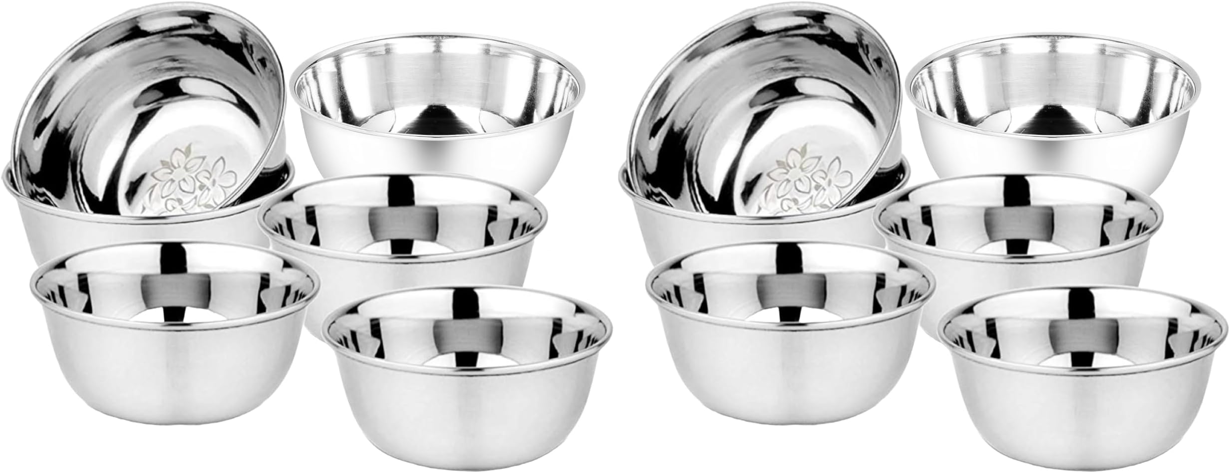 Stainless Steel Heavy Gauge Bowl/Wati Set with Mirror Finish and Flower Printed Design [10.5 Cm, Set of 12 Piece], 200 ML