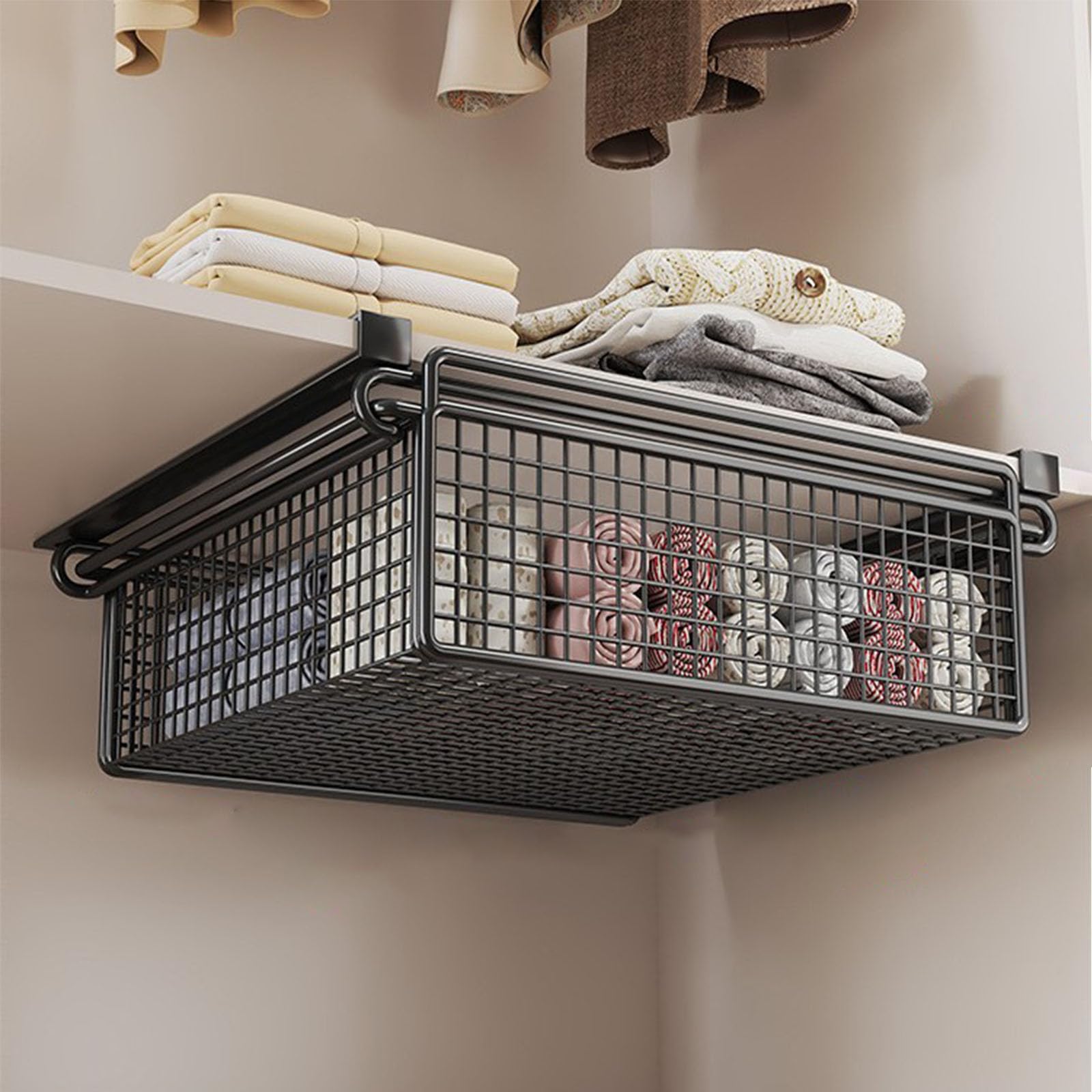 Panier de rangement en métal extractible sous étagère avec crochets, tiroir multifonctionnel pour vêtements, économie d'espace, organisateur de garde-robe en fer - Yooghuge