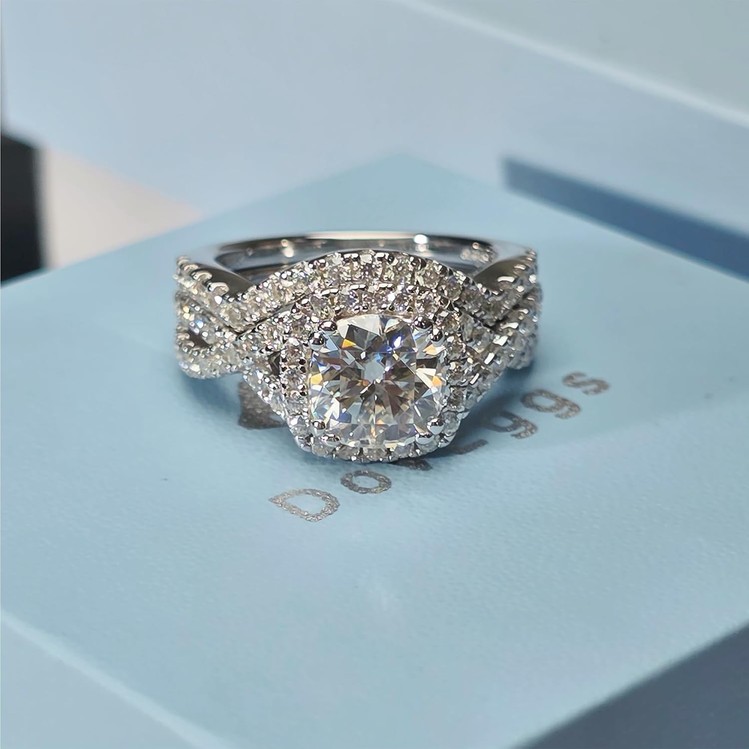 DovEggs Moissanite Wedding Ring Set 2 Pieces for Women 2ct 7.5X7.5mm F-G-H Color Cushion Cut Created Moissanite Halo Engagement Rings Sterling Silver with 18K White Gold Plated Ideal Gift for Her