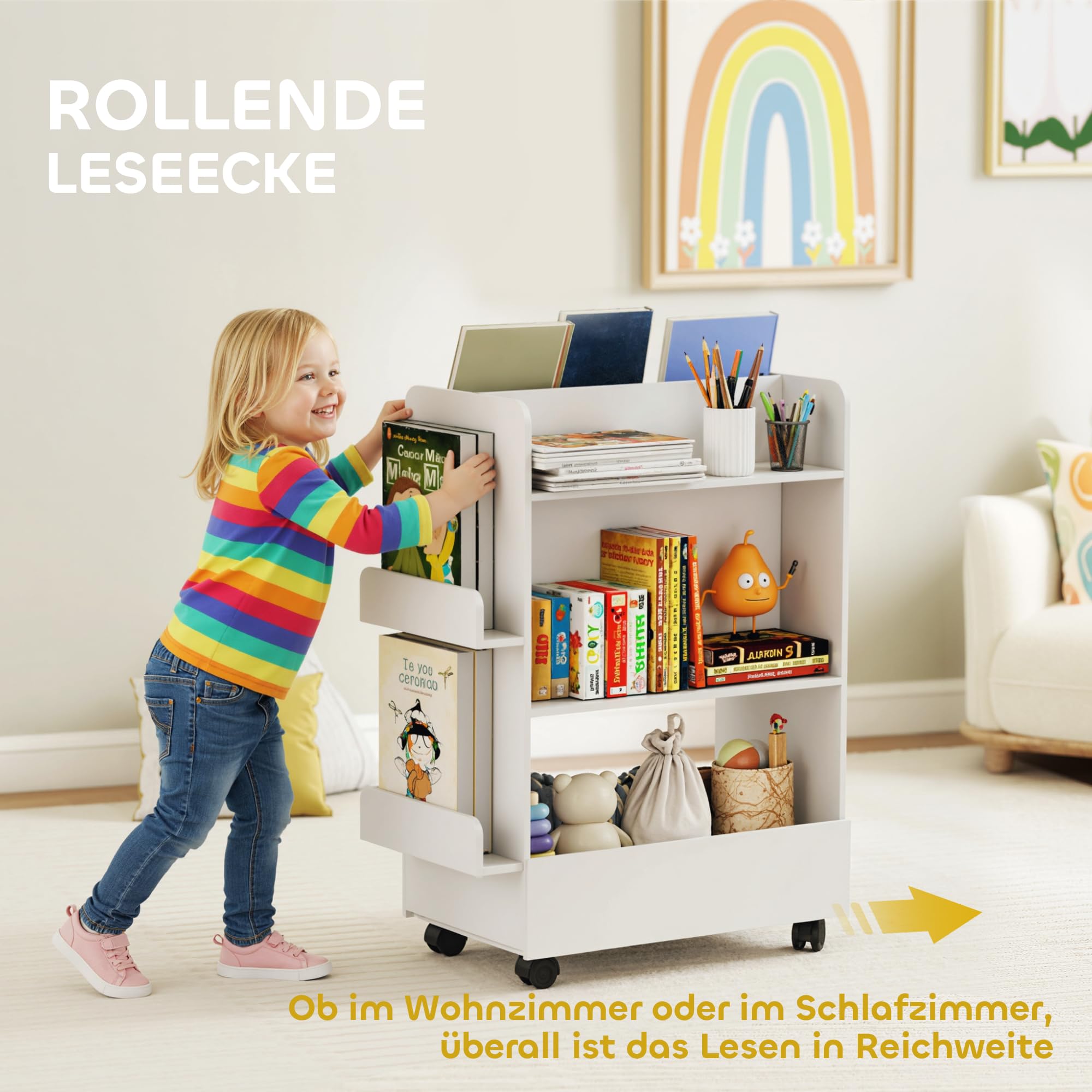 AIYAPLAY Kinder Bücherregal 4 Regalen für 3–8 Jahre 66,5x32,5x86,5 cm Weiß