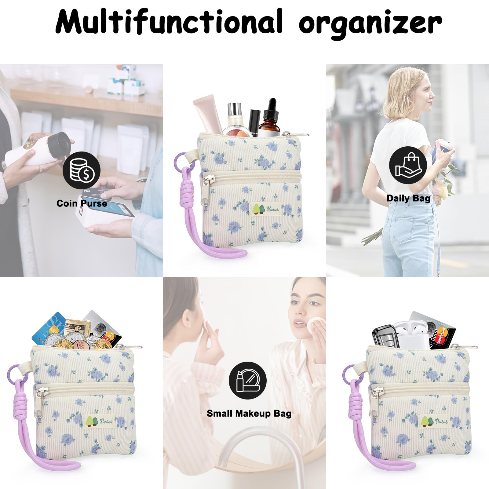 Cute Corduroy Period Bag for Purse, Discreet Zipper Sanitary Pad & Tampon Holder, Portable Coin Storage Pouch, Thoughtful First Period Gift (Blue Rose)