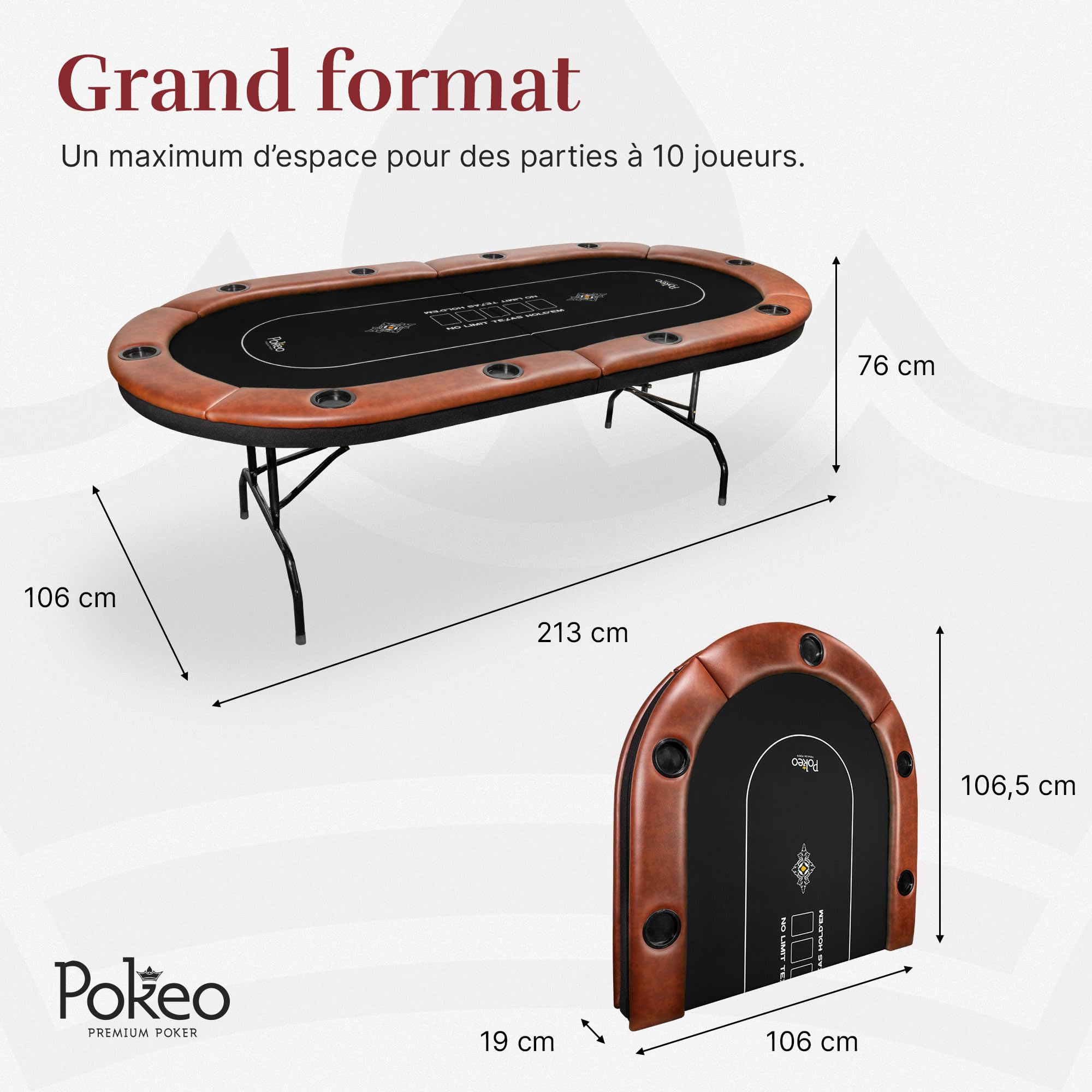 Mesa de Póker Plegable para 10 Jugadores – Tapete Negro – Compacta – Apoyabrazos PU Marrón – 10 Portavasos – Texas Hold'em Blackjack