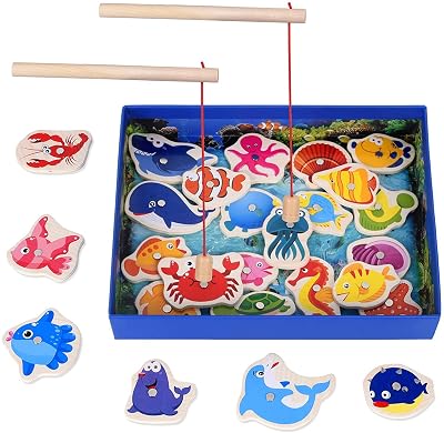 PLUSPOINT Wooden Fishing Magnetic Toy Set Fishing Game 32 Piece Fishes 2 Sticks 1 Tray Wooden Magnetic Fishing Travel Ta