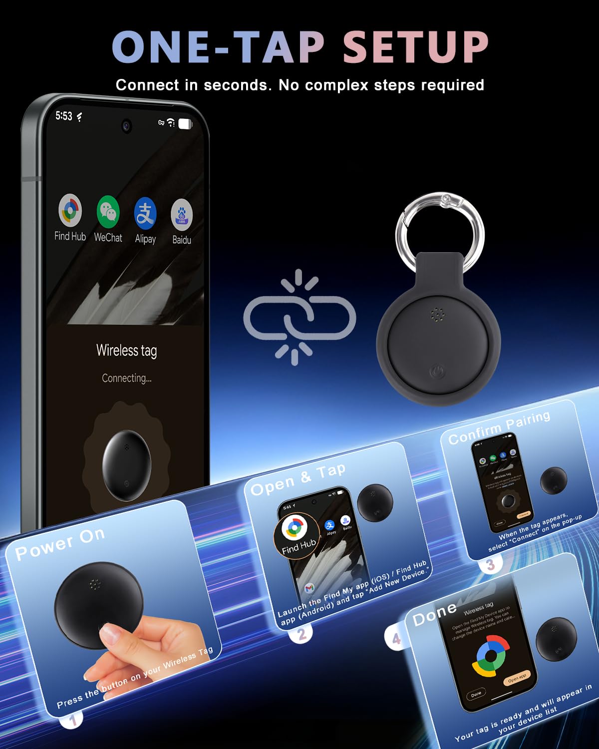 Dual System Bluetooth Tracker per iOS e Android: Smart Tag Confezione da 4 - Compatibile con Apple Find My (iOS) e Google Find Hub (Android) per chiavi, bagagli, portafogli, veicoli - Localizzatore