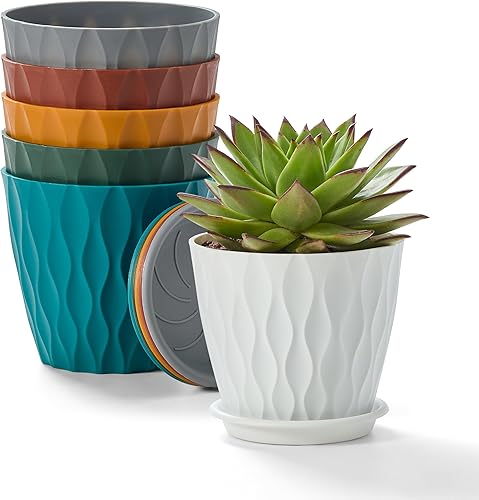 Miniatura 8 de FaithLand Paquete de 6 macetas de plástico de 6 pulgadas con platillos Material de polipropileno grueso, textura ondulada moderna, drenaje mejorado