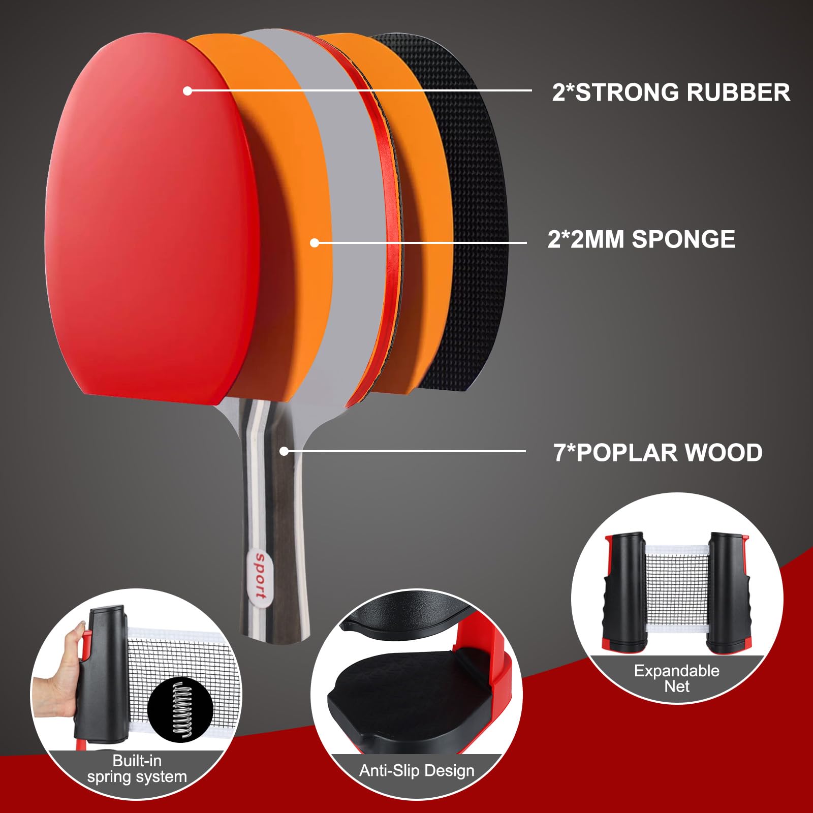 Set de Ping Pong, 2 Raquetas, 4 Pelotas, Red Plegable, Bolsa de Transporte
