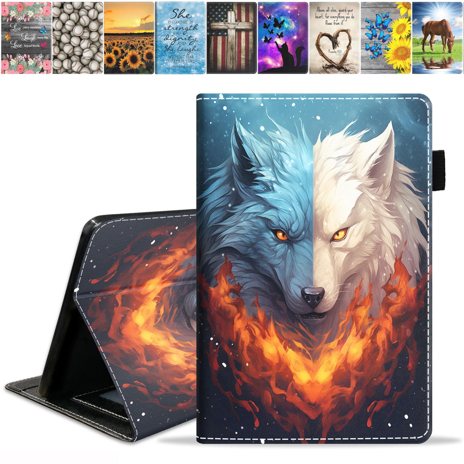 Case for Amazon Kindle Fire HD 10 & 10 Plus Tablet (13th/11th Generation, 2023/2021 Release) 10.1" - Premium PU Leather Stand Cover with Smart Auto Wake, Ice Wolf and Fire Wolf Combined