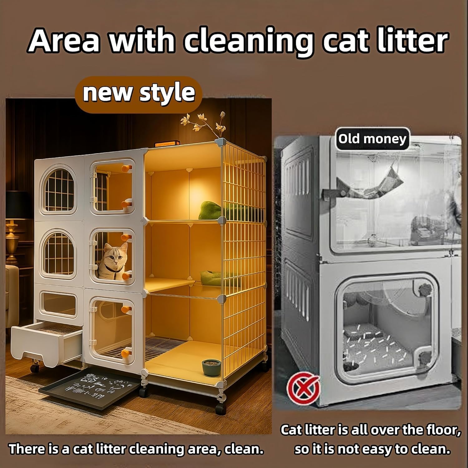 Indoor cat cage with Litter Box, Complimentary Cat Bed, Bow,lcat House with Wheels Outdoor,Large cat Villa Playpen, Small Animal Dog Kennel cat enclosures (42″(L) x18.2″(W) x46.2″(H))