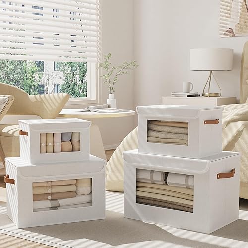 Miniatura 4 de Cajas de almacenamiento de tela, 13 x 9.1 x 7.9 pulgadas, cestas de manta para estantes con tapas, cubos con asas, cubos decorativos de lino para